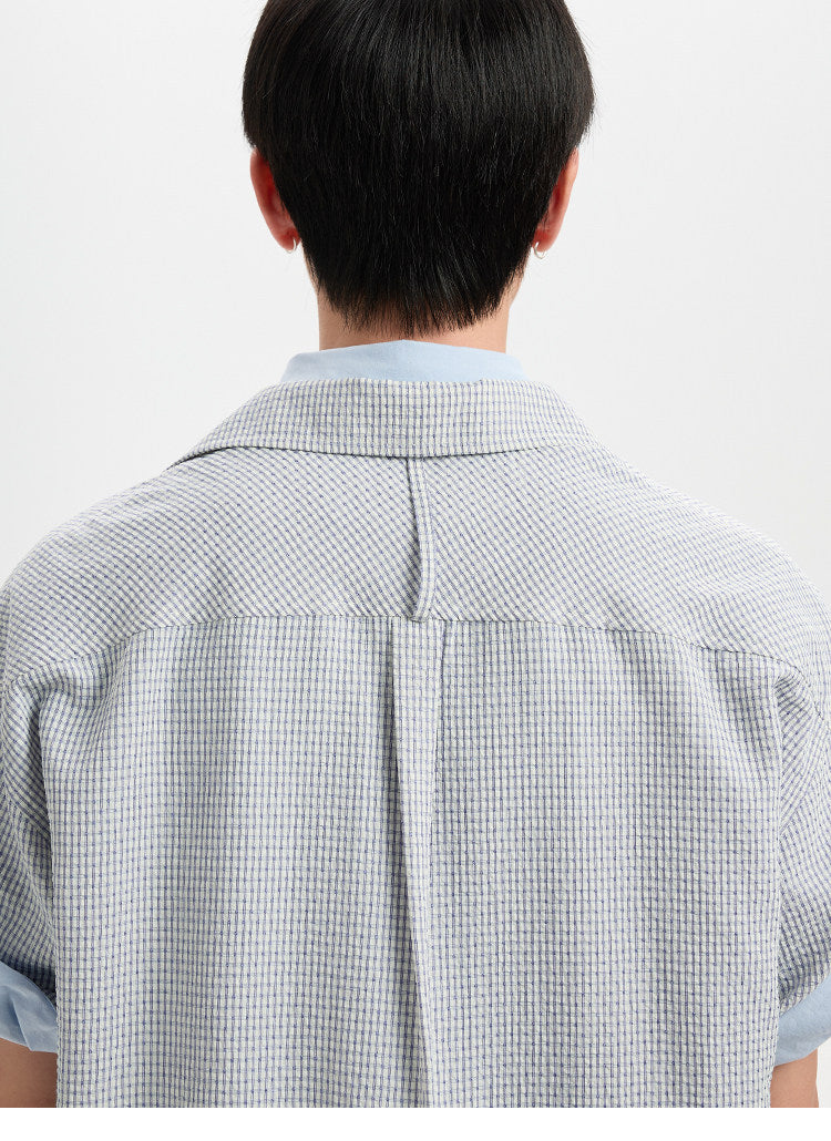 BUTTBILL SS26 Plaid Seersucker Lyocell-Linen Short-Sleeve Pocketed Overshirt