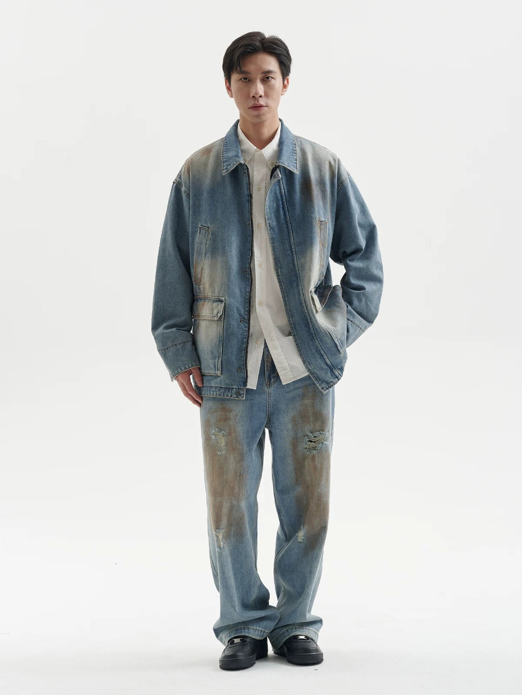 BUTTBILL Unisex Vintage Mud-Dyed Washed Relaxed Denim Jacket088