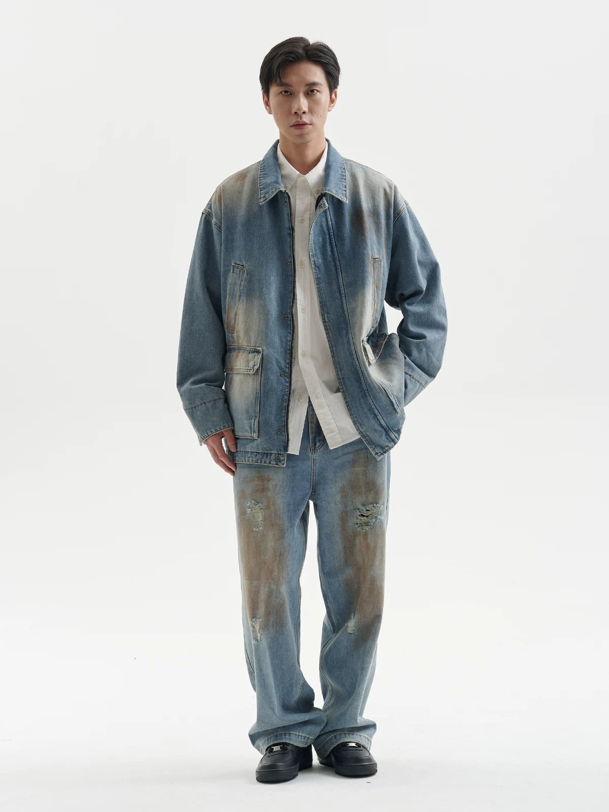 BUTTBILL Unisex Vintage Mud-Dyed Washed Relaxed Denim Jacket088