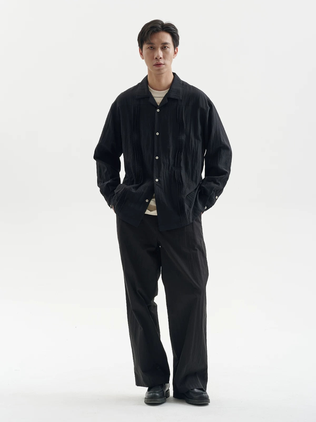 BUTTBILL Unisex 60% Bamboo-Blend Pleated Camp Collar Long-Sleeve Shirt115