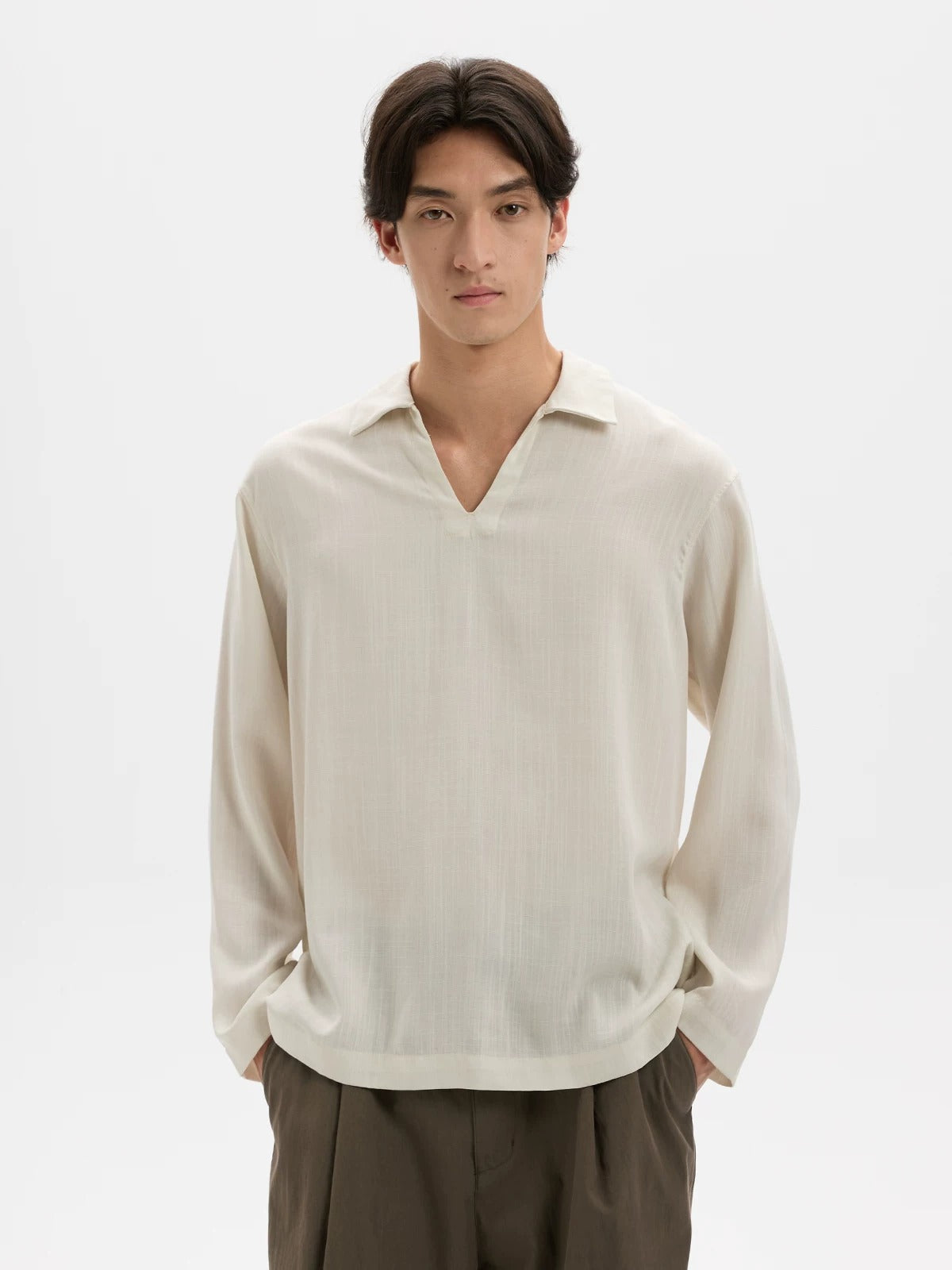 BUTTBILL Effortless Lyocell-Linen V-Neck Long-Sleeve Polo with Split Hem043