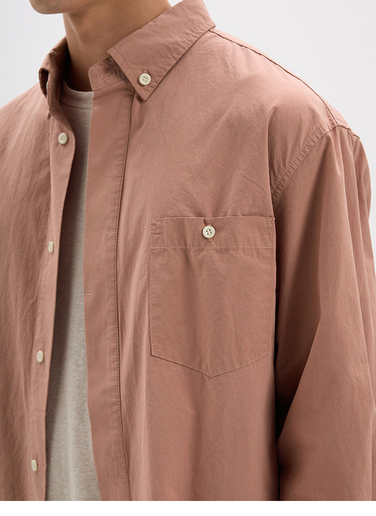 BUTTBILL Unisex High-Density Washed Cotton Concealed Placket Long-Sleeve Shirt021