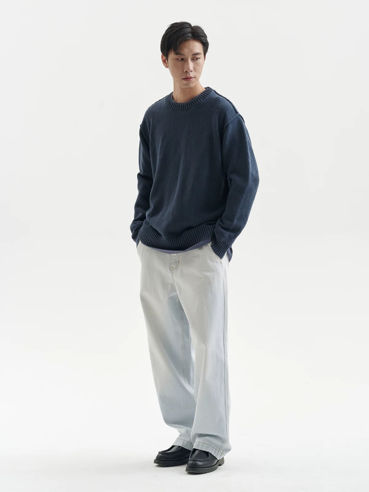 BUTTBILL Men's Stonewashed Minimalist Crewneck Knit Sweater099