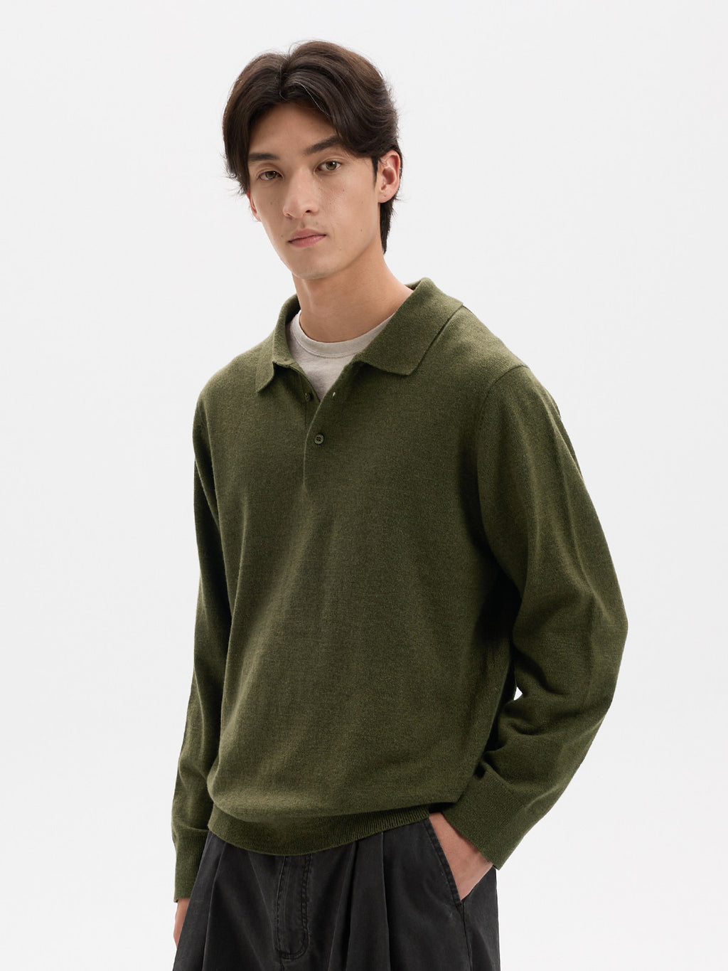 BUTTBILL Minimalist Wool-Blend Long-Sleeve Knit Polo with Shell Buttons020