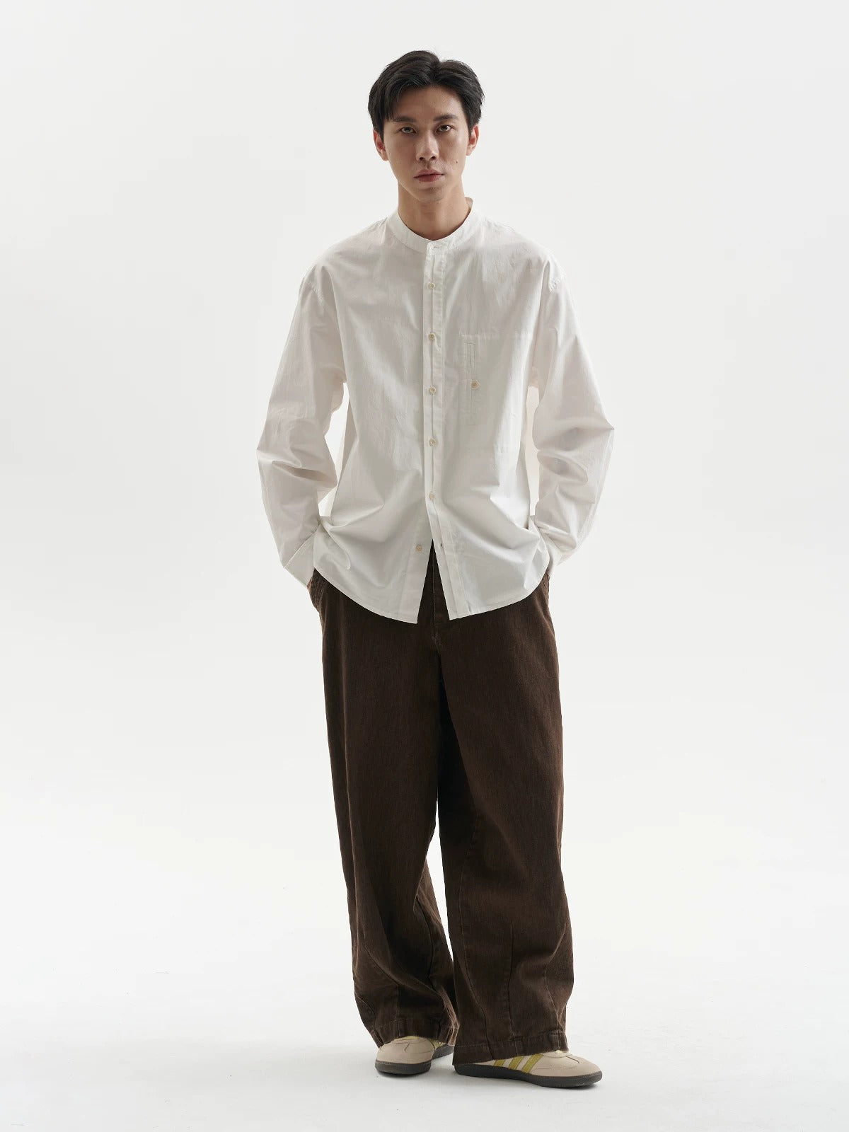 BUTTBILL Unisex Band Collar Relaxed Long-Sleeve Overshirt103