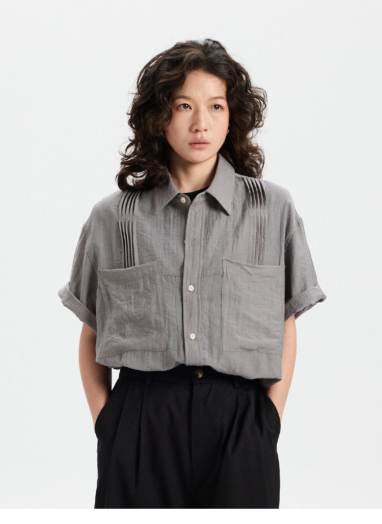 BUTTBILL SS26 Linen-Blend Box-Pleated Short-Sleeve Shirt with Pocket