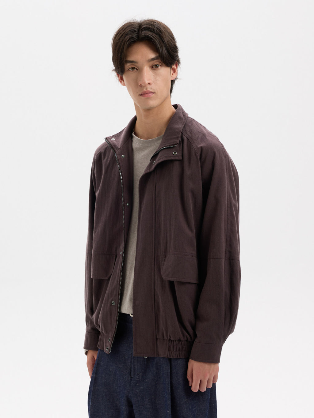 BUTTBILL Vintage Slub Cotton Stand Collar Multi-Pocket Jacket with Two-Way Zip022
