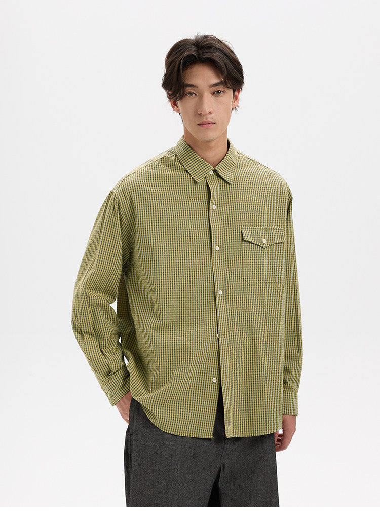 BUTTBILL Vintage Textured Plaid 100% Cotton Long-Sleeve Shirt024