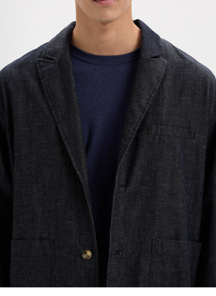 BUTTBILL Unisex Cotton-Linen-Lyocell Blend Washed Denim Relaxed Blazer023