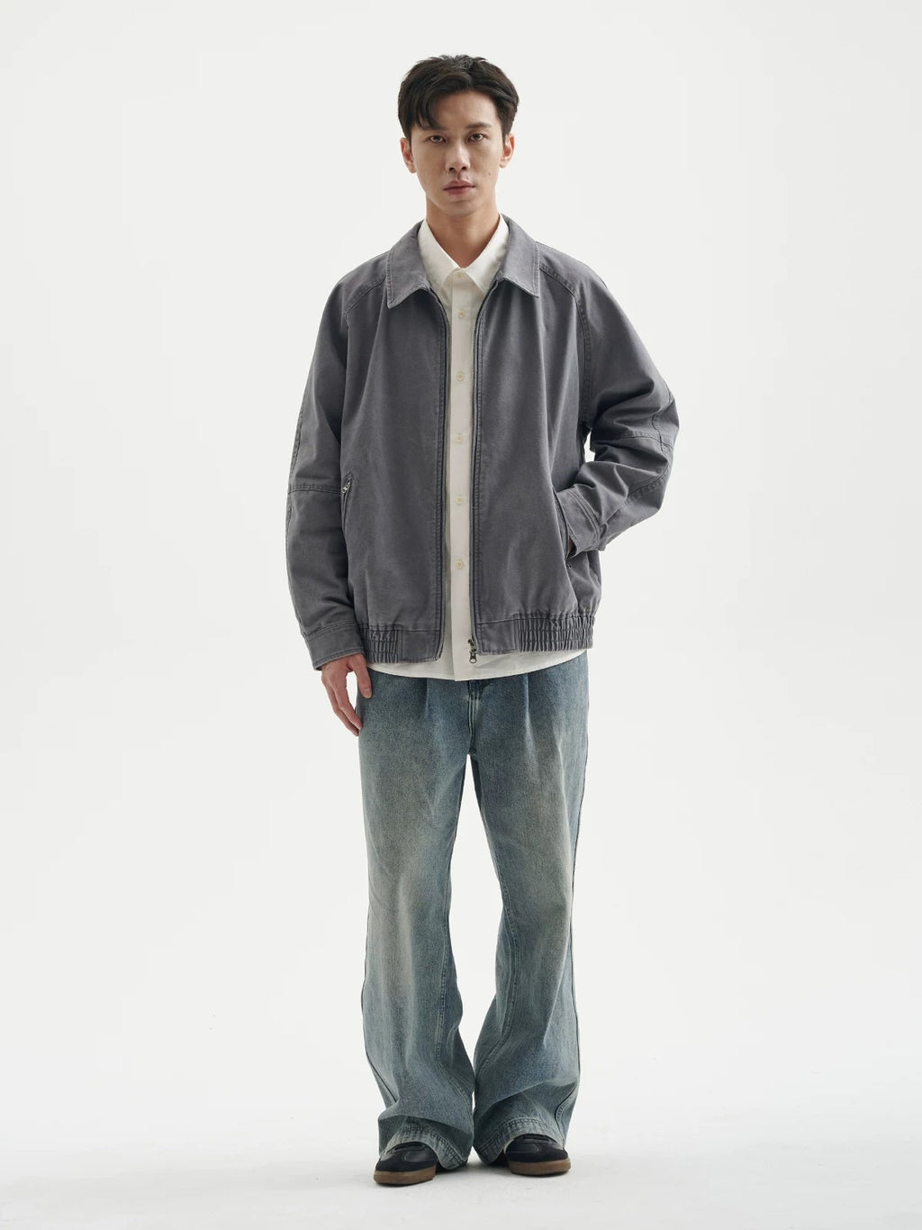 BUTTBILL Men's Enzyme-Washed Heavyweight Cotton Canvas Collared Short Jacket097