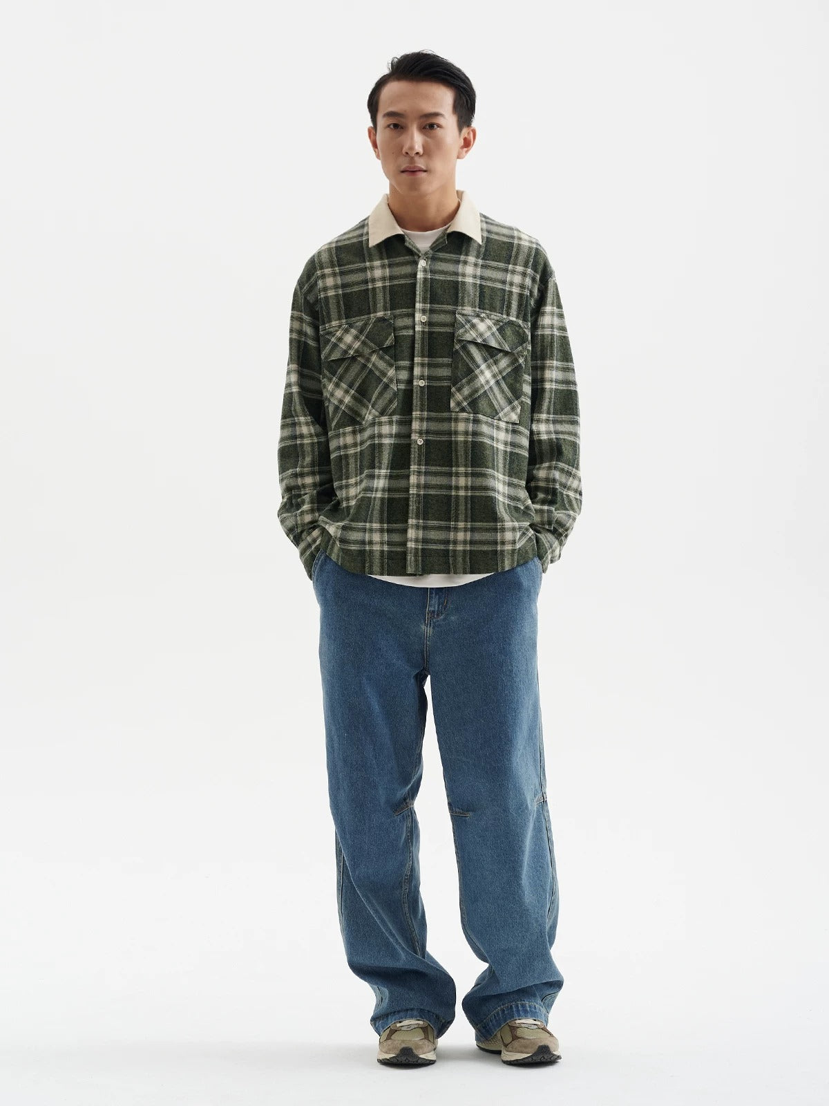 BUTTBILL Men's Cotton Plaid Overshirt with Contrast Corduroy Camp Collar079
