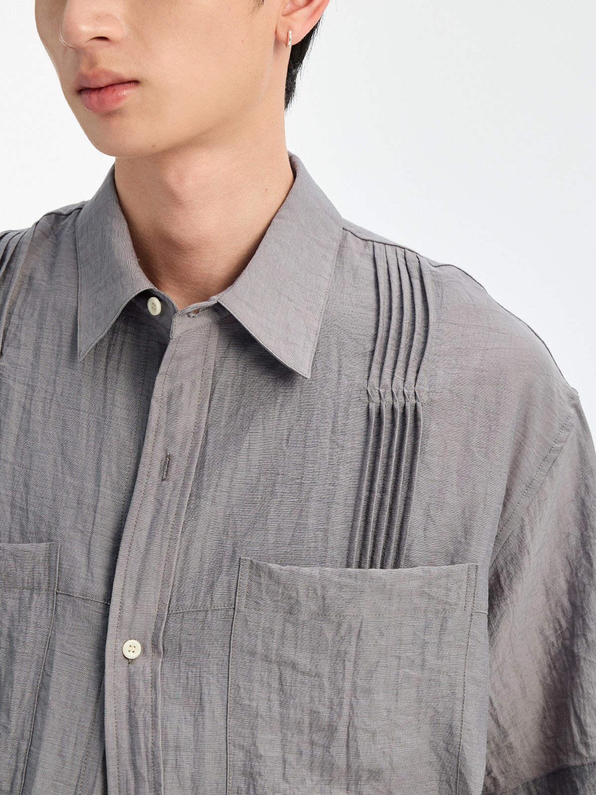 BUTTBILL SS26 Linen-Blend Box-Pleated Short-Sleeve Shirt with Pocket