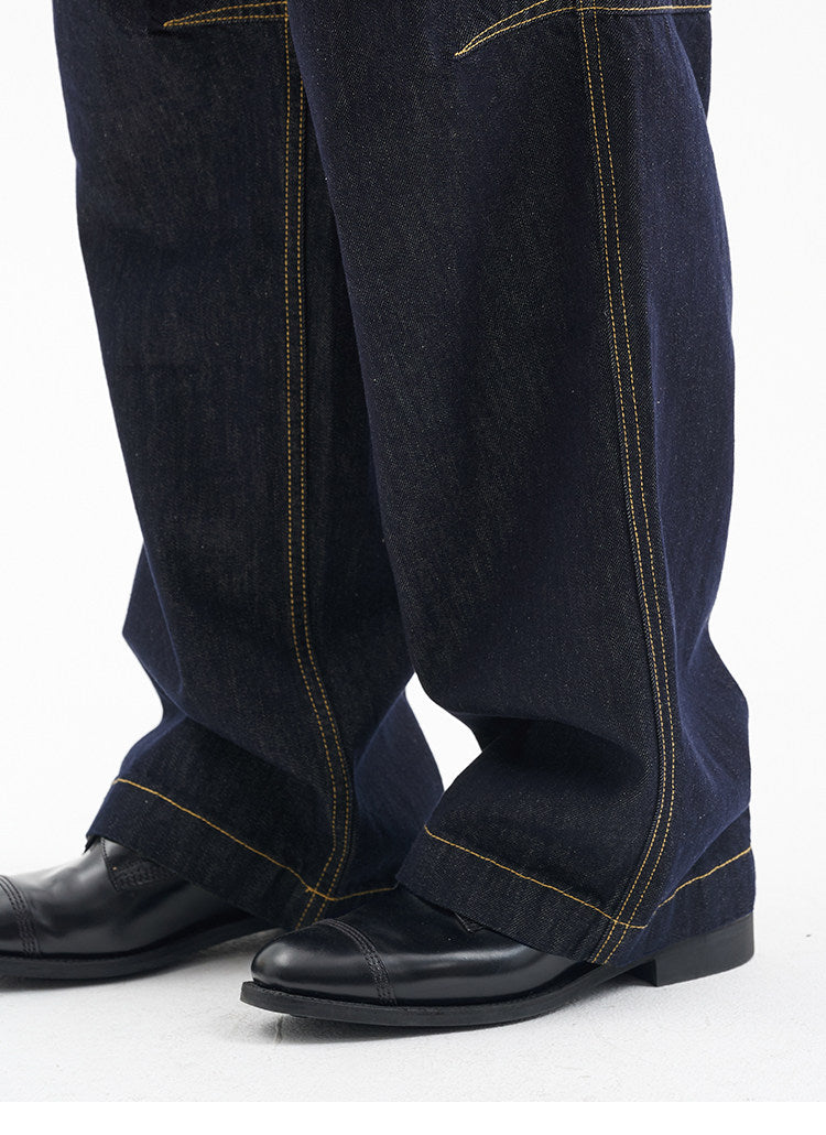 BUTTBILL Men's 13.2oz Knee-Pleated Washed Denim Jeans with Contrast Stitching080