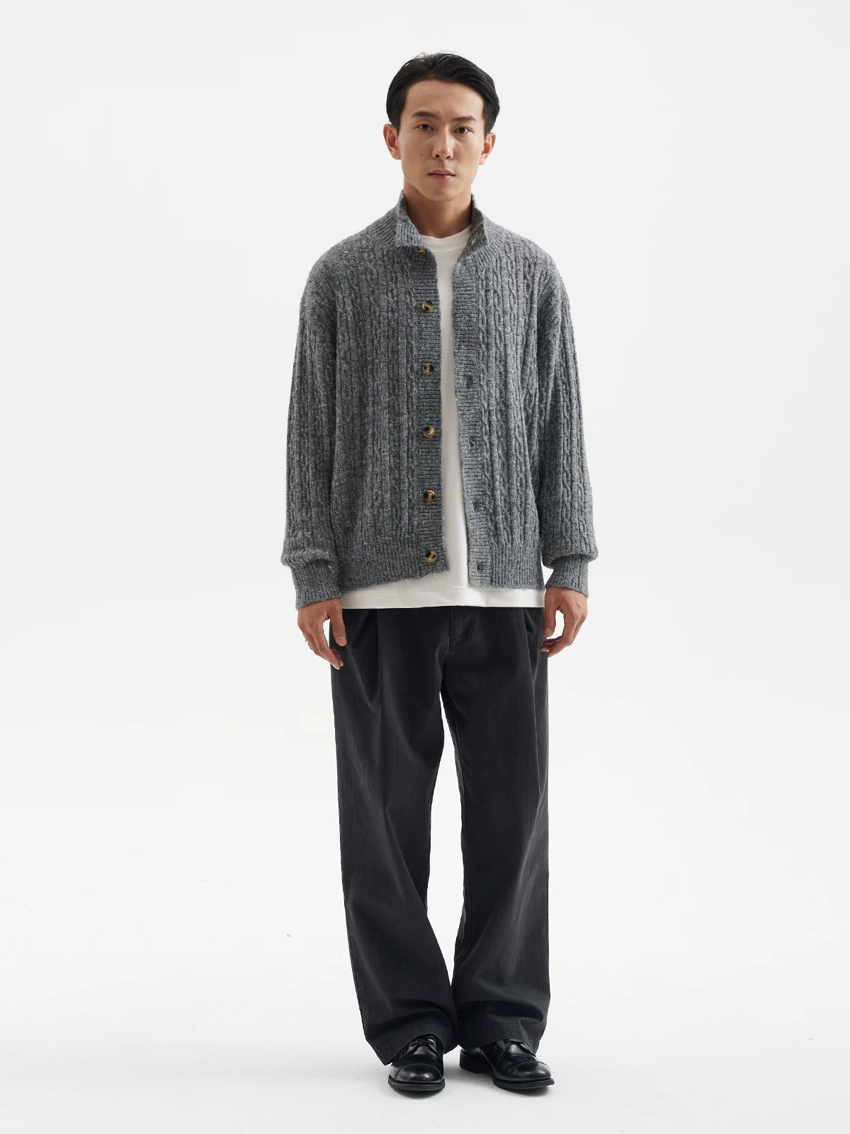 BUTTBILL Unisex Relaxed Stand Collar Cable-Knit Cardigan072