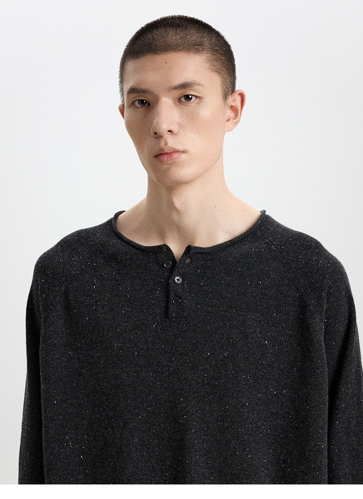BUTTBILL 17.5-Micron 100% Merino Wool Henley Knit Sweater – Relaxed Fit Lightweight Long Sleeve Pullover#120