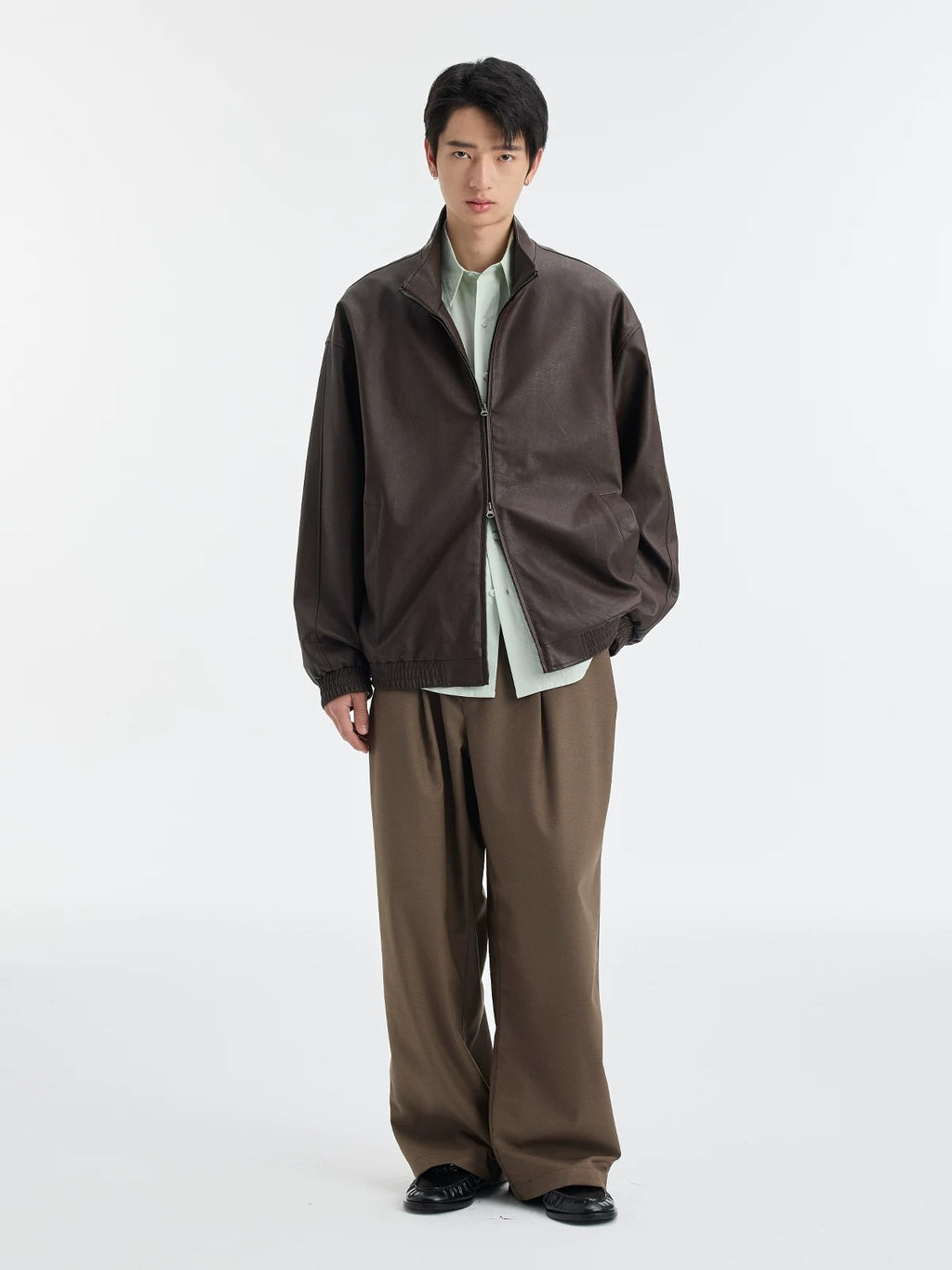 BUTTBILL SS26 Unisex Relaxed Faux Leather Stand Collar Jacket047