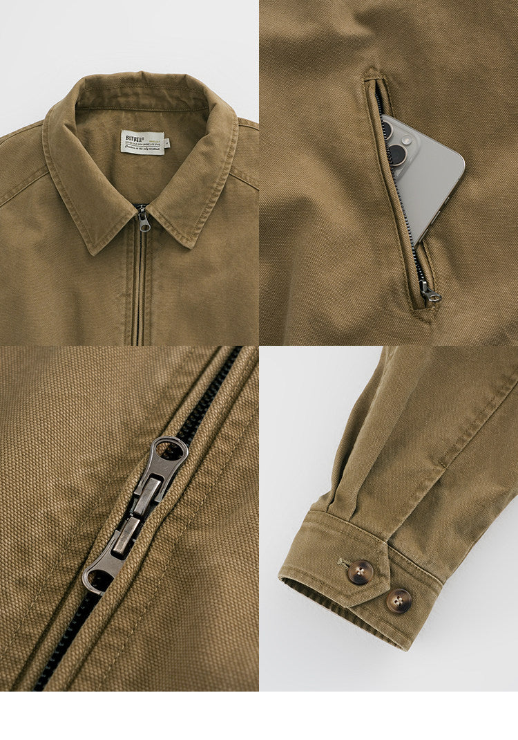 BUTTBILL Men's Enzyme-Washed Heavyweight Cotton Canvas Collared Short Jacket097