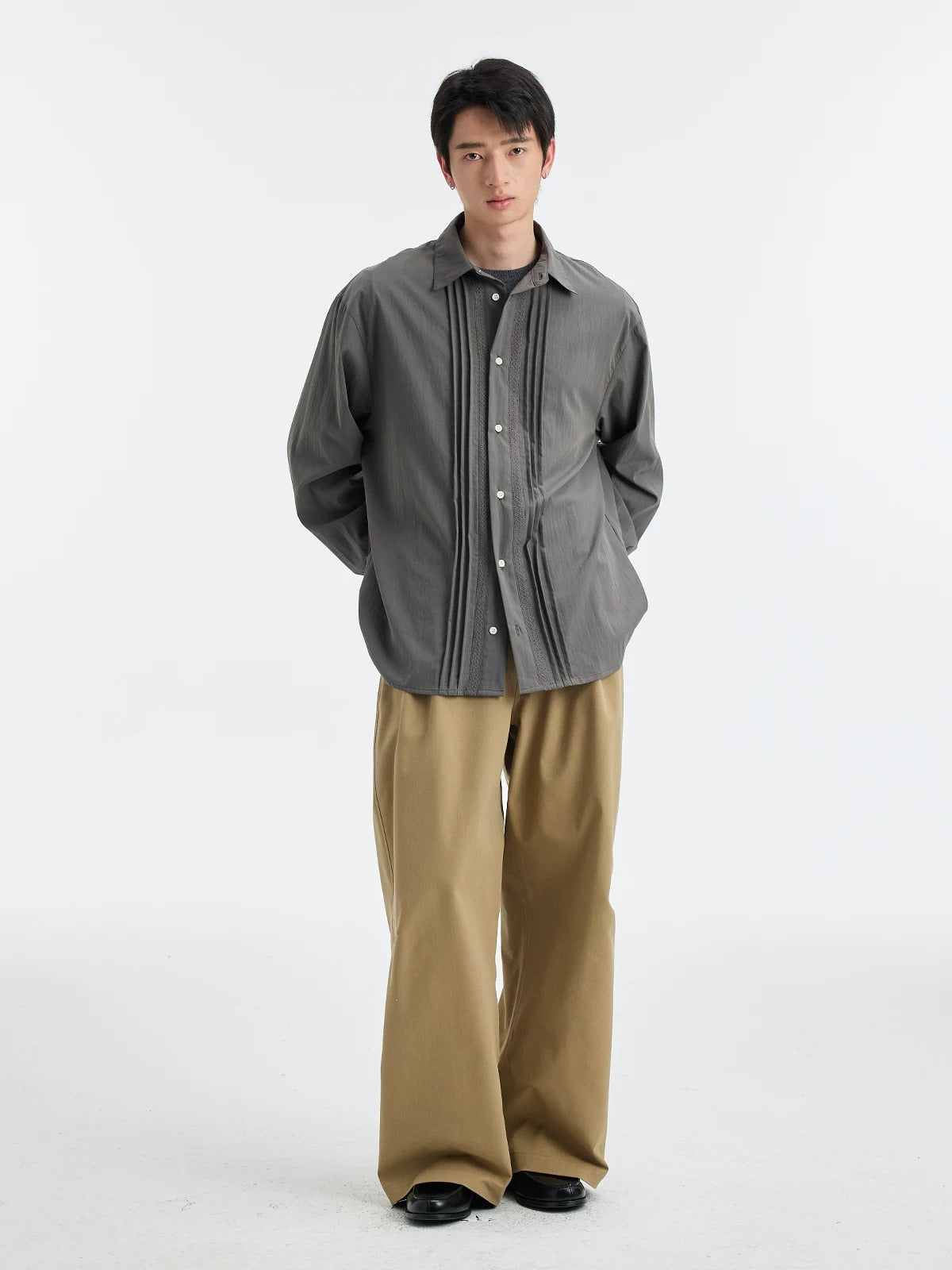 BUTTBILL SS26 Unisex Lyocell-Cotton-Nylon Pleated Shirt with Lace Trim045