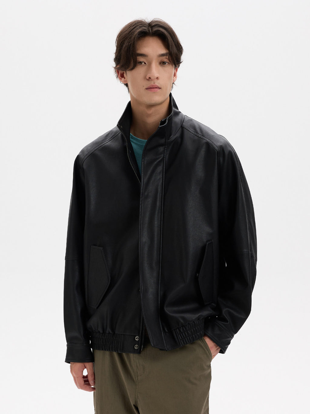 BUTTBILL Vintage Biker Textured Faux Leather Stand Collar Jacket with Two-Way Zip016