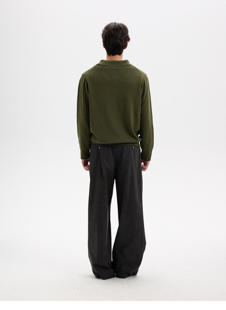 BUTTBILL Minimalist Wool-Blend Long-Sleeve Knit Polo with Shell Buttons020