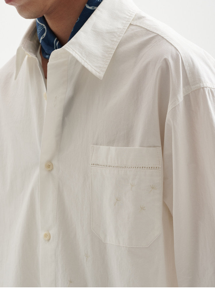 BUTTBILL Unisex Dandelion-Embroidered 100% Cotton Relaxed Overshirt089