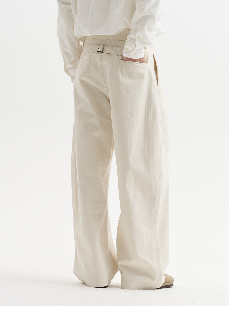 BUTTBILL Men's Enzyme-Washed Cotton Twill Pleated Straight Trousers059