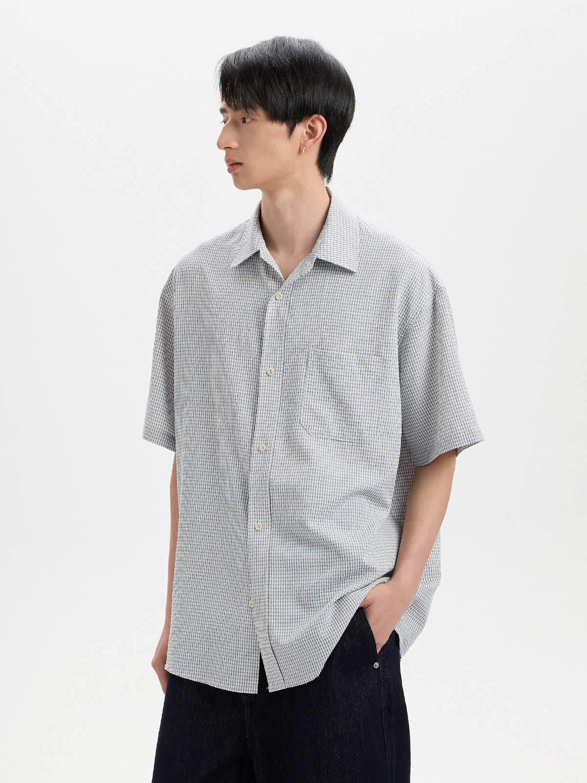 BUTTBILL SS26 Plaid Seersucker Lyocell-Linen Short-Sleeve Pocketed Overshirt