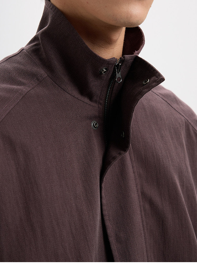 BUTTBILL Vintage Slub Cotton Stand Collar Multi-Pocket Jacket with Two-Way Zip022