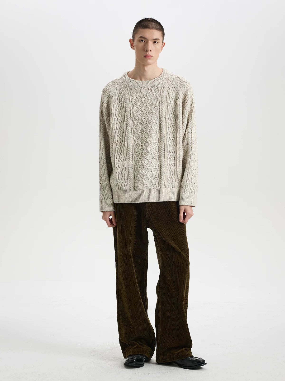 BUTTBILL Textured Cable-Knit Wool-Blend Sweater – Relaxed Fit Raglan Sleeve Crewneck Pullover#131