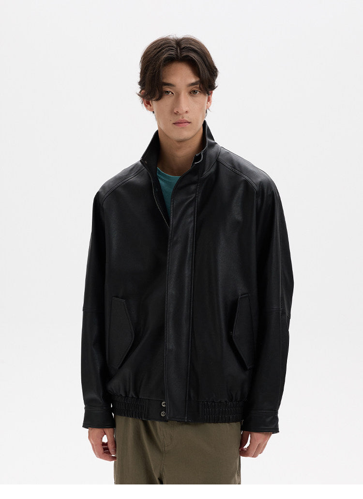 BUTTBILL Vintage Biker Textured Faux Leather Stand Collar Jacket with Two-Way Zip016