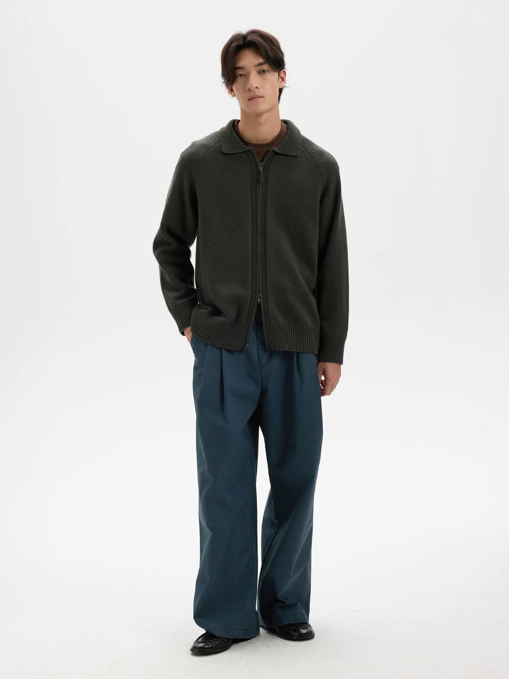 BUTTBILL Vintage Wool-Blend Raglan Collared Two-Way Zip Cardigan042