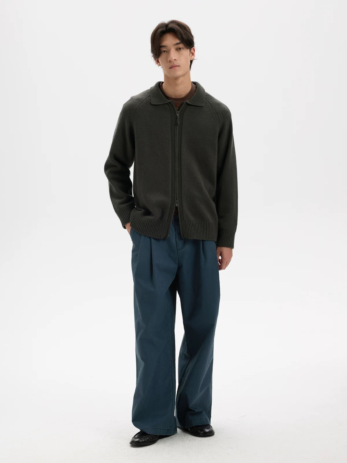 BUTTBILL Vintage Wool-Blend Raglan Collared Two-Way Zip Cardigan042