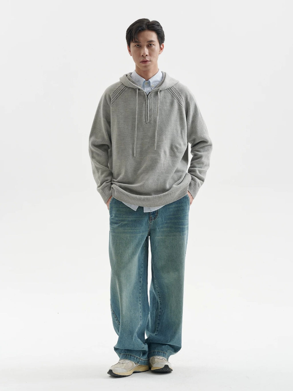 BUTTBILL Men's Minimalist Half-Placket Knit Hoodie111