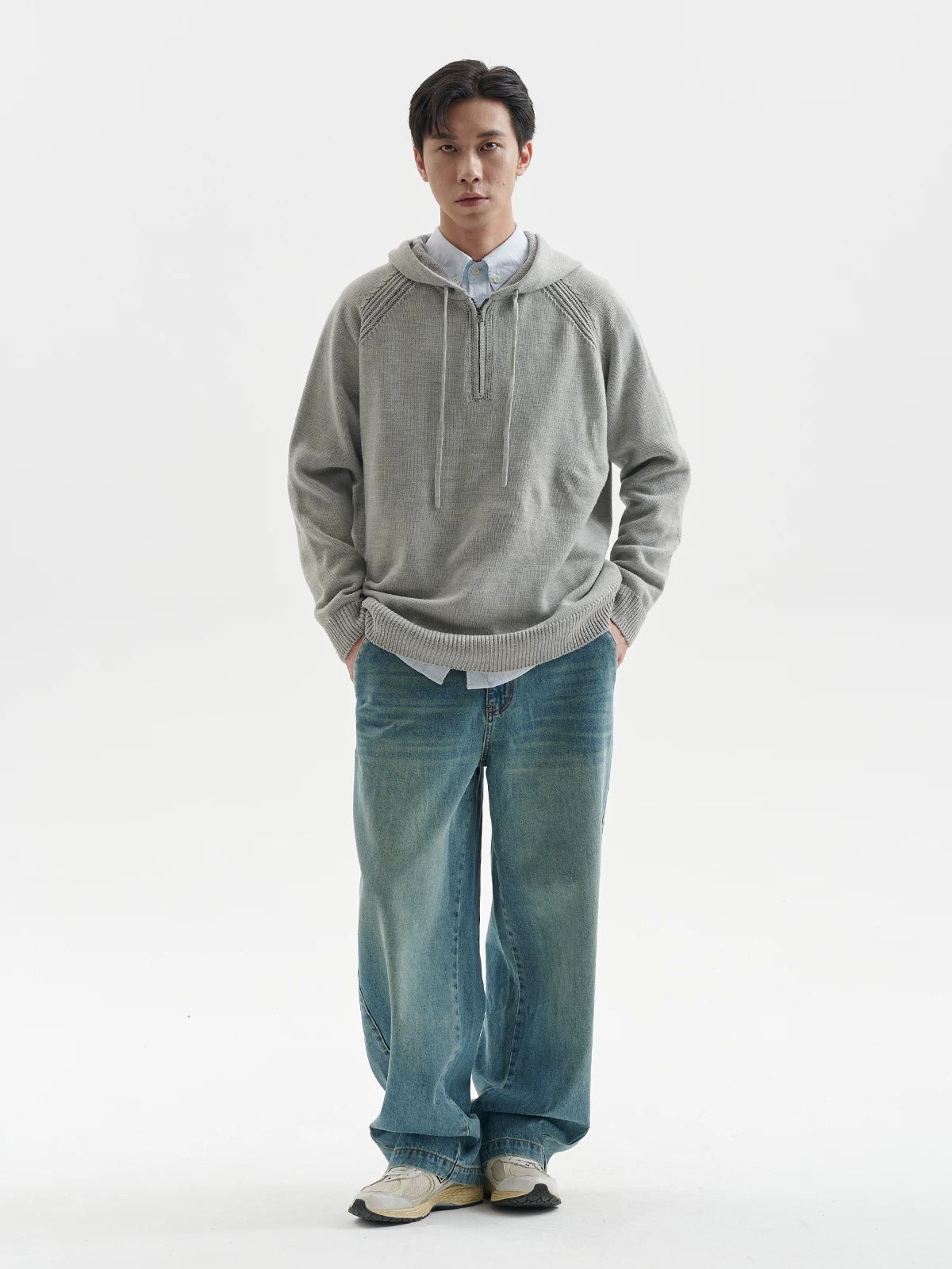 BUTTBILL Men's Minimalist Half-Placket Knit Hoodie111