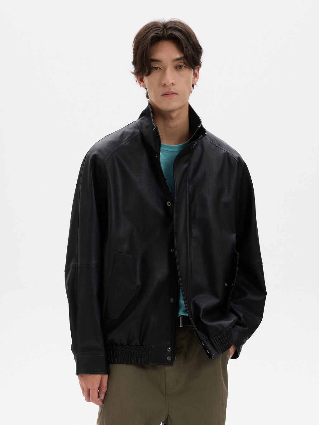 BUTTBILL Vintage Biker Textured Faux Leather Stand Collar Jacket with Two-Way Zip016