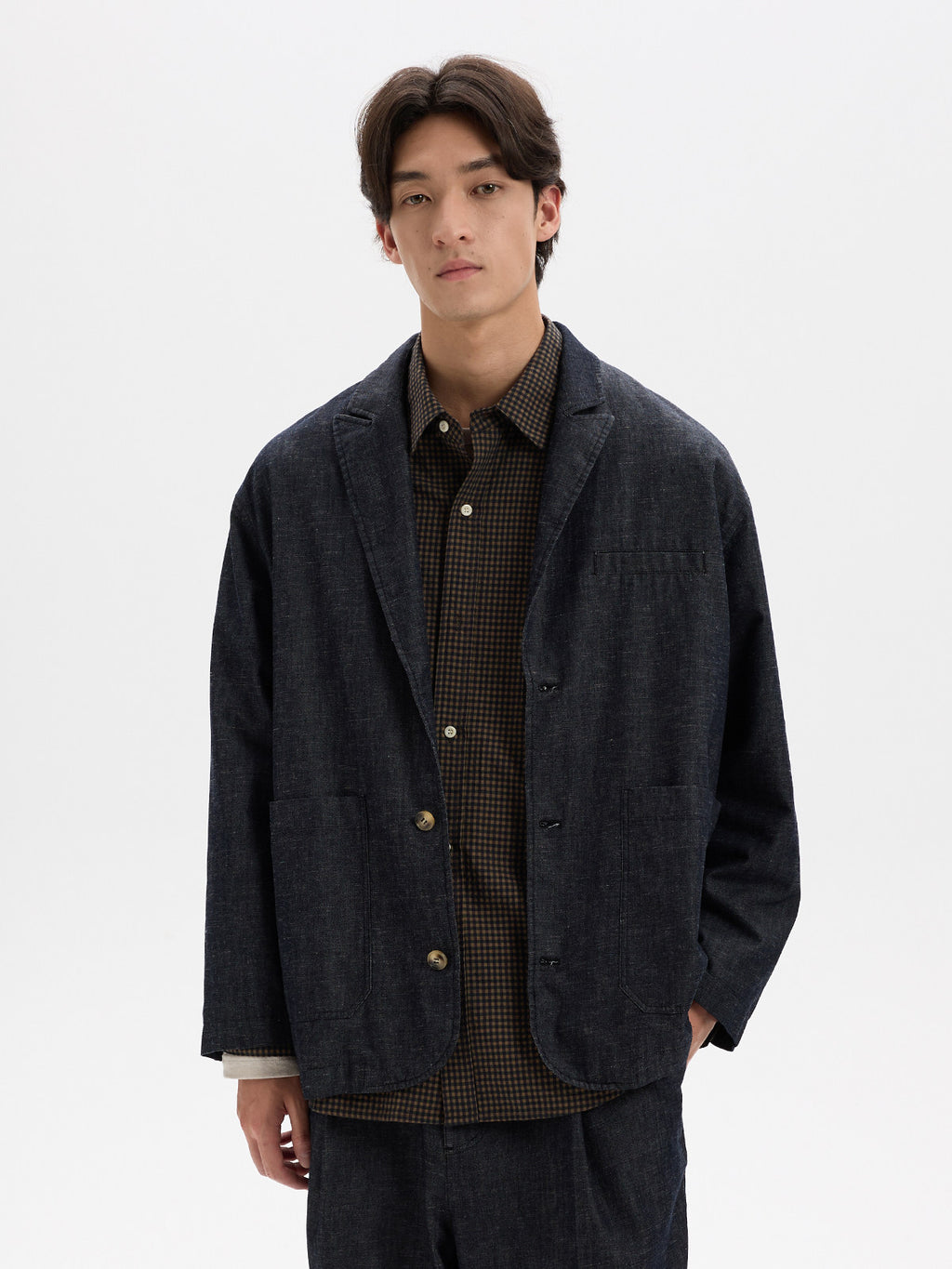 BUTTBILL Unisex Cotton-Linen-Lyocell Blend Washed Denim Relaxed Blazer023