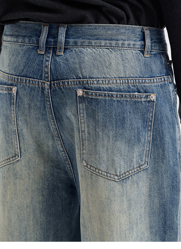 BUTTBILL Unisex Vintage Washed Raw Denim Relaxed Jeans077