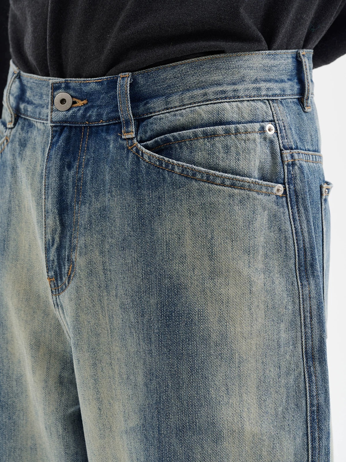 BUTTBILL Unisex Vintage Washed Raw Denim Relaxed Jeans077