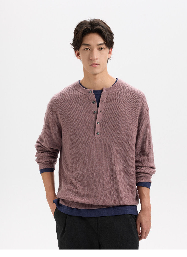 BUTTBILL Classic 48s Wool Blend Henley Knit Pullover with Shell Buttons018