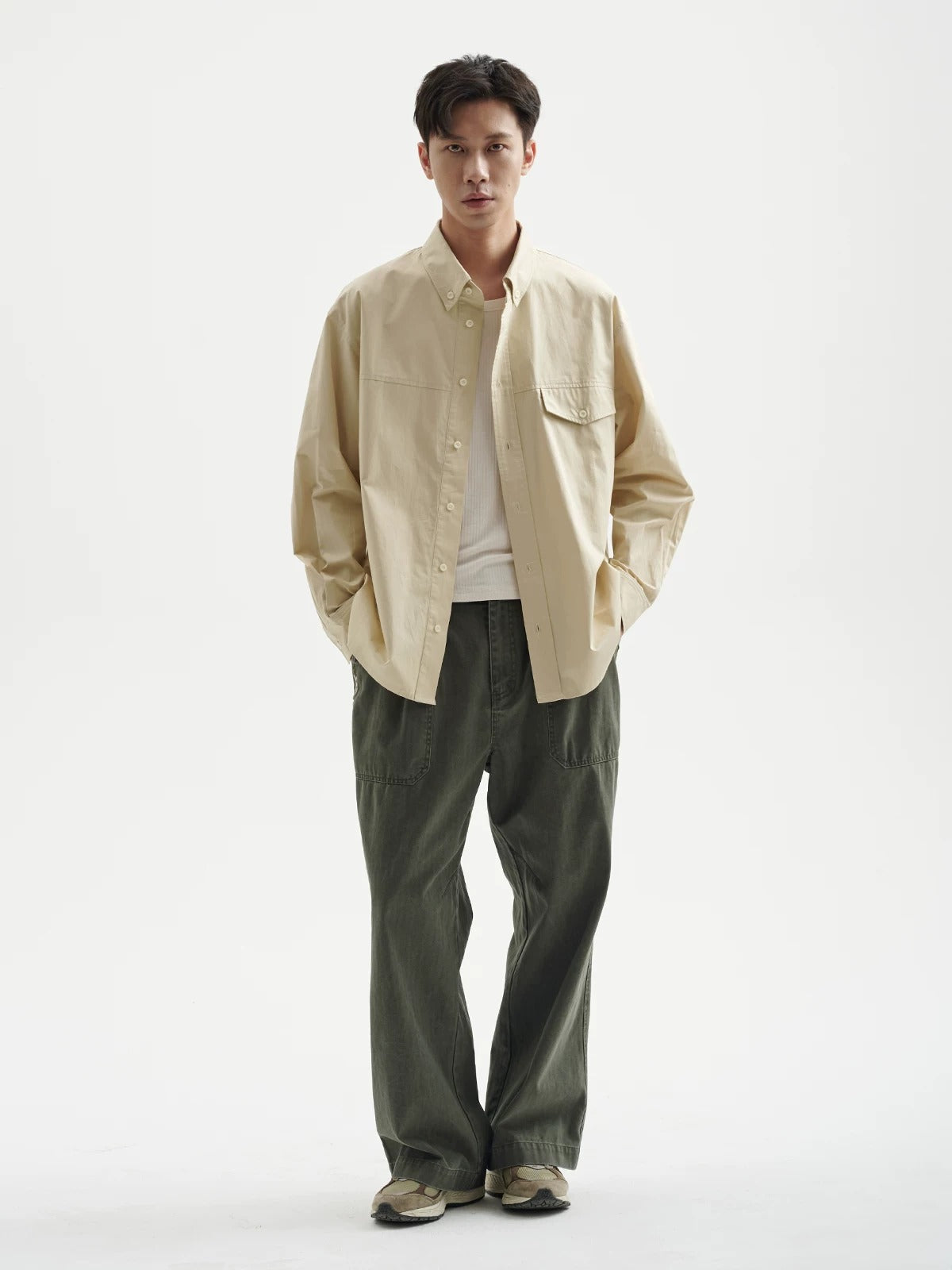 BUTTBILL Men's Minimalist Relaxed Long-Sleeve Button-Up Overshirt095