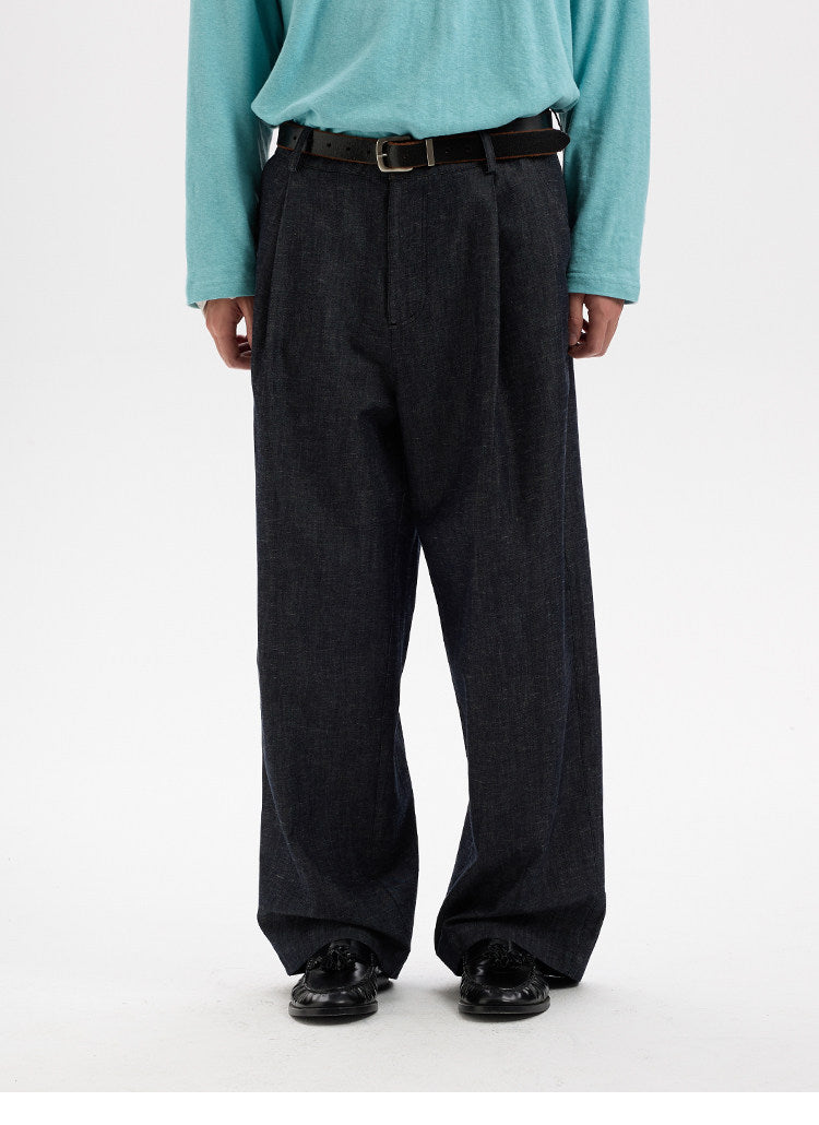 BUTTBILL Unisex Cotton-Linen-Lyocell Blend Single-Pleated Relaxed Trousers