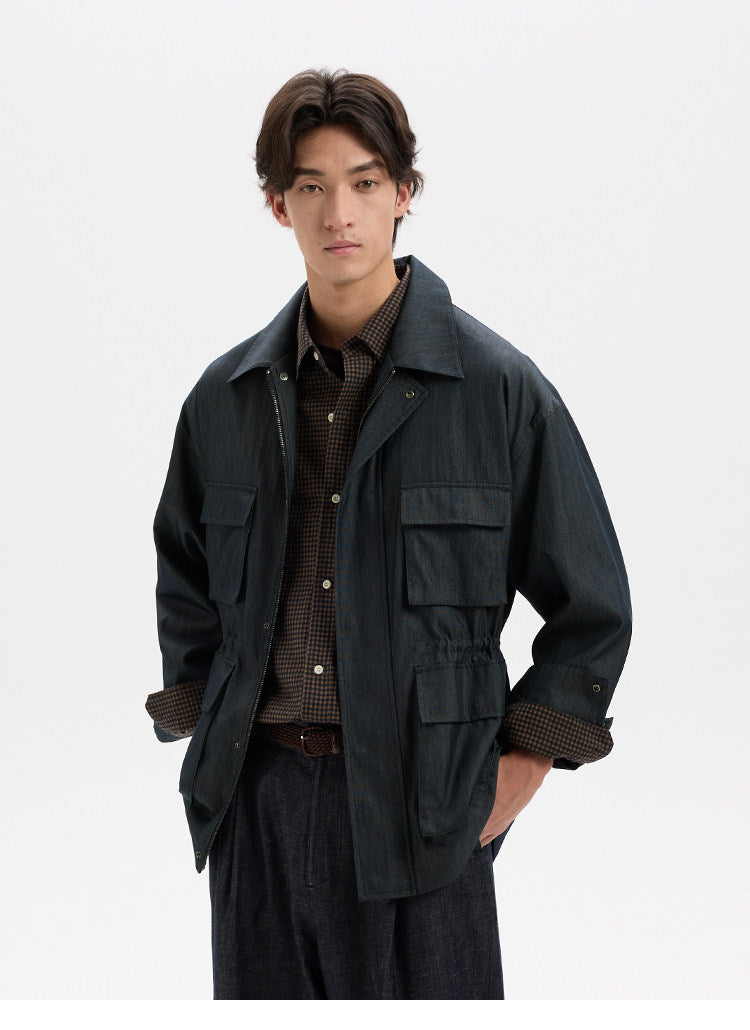BUTTBILL Unisex Slub Cotton Utility Safari Jacket with Adjustable Drawstring026