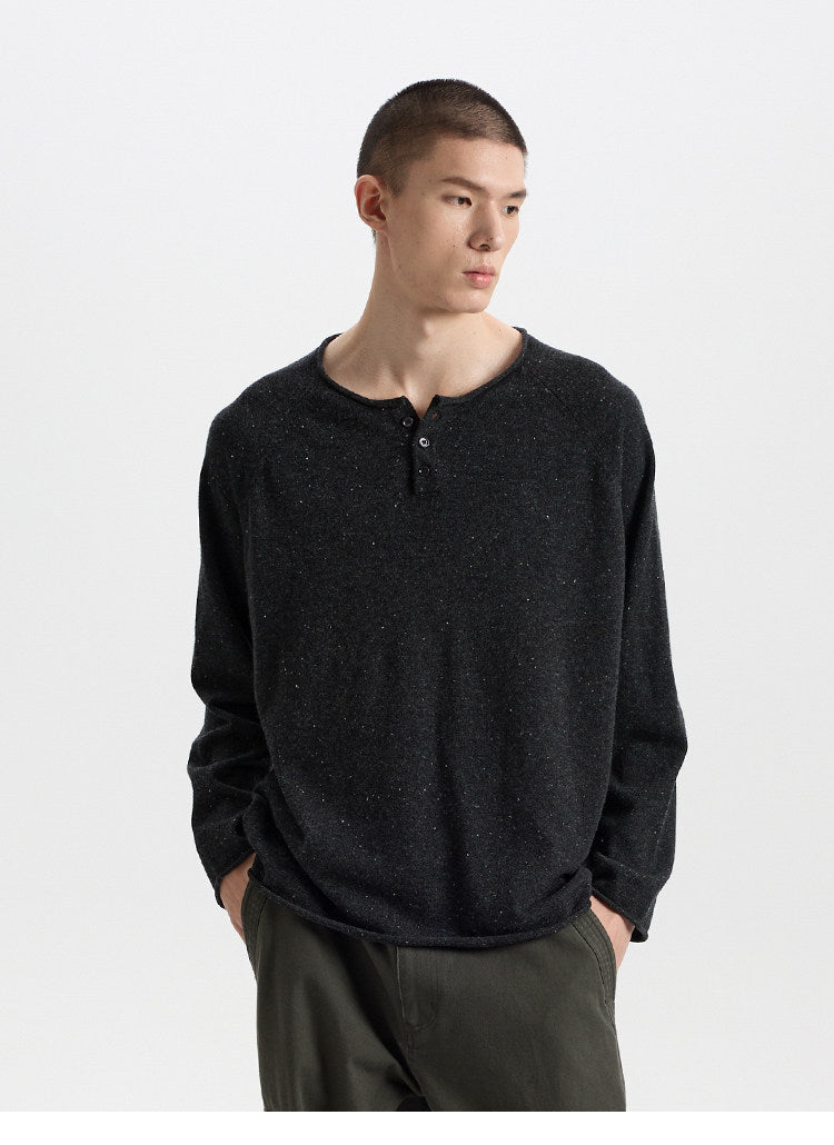 BUTTBILL 17.5-Micron 100% Merino Wool Henley Knit Sweater – Relaxed Fit Lightweight Long Sleeve Pullover#120