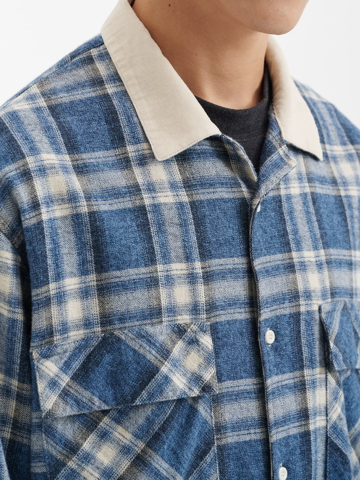 BUTTBILL Men's Cotton Plaid Overshirt with Contrast Corduroy Camp Collar079
