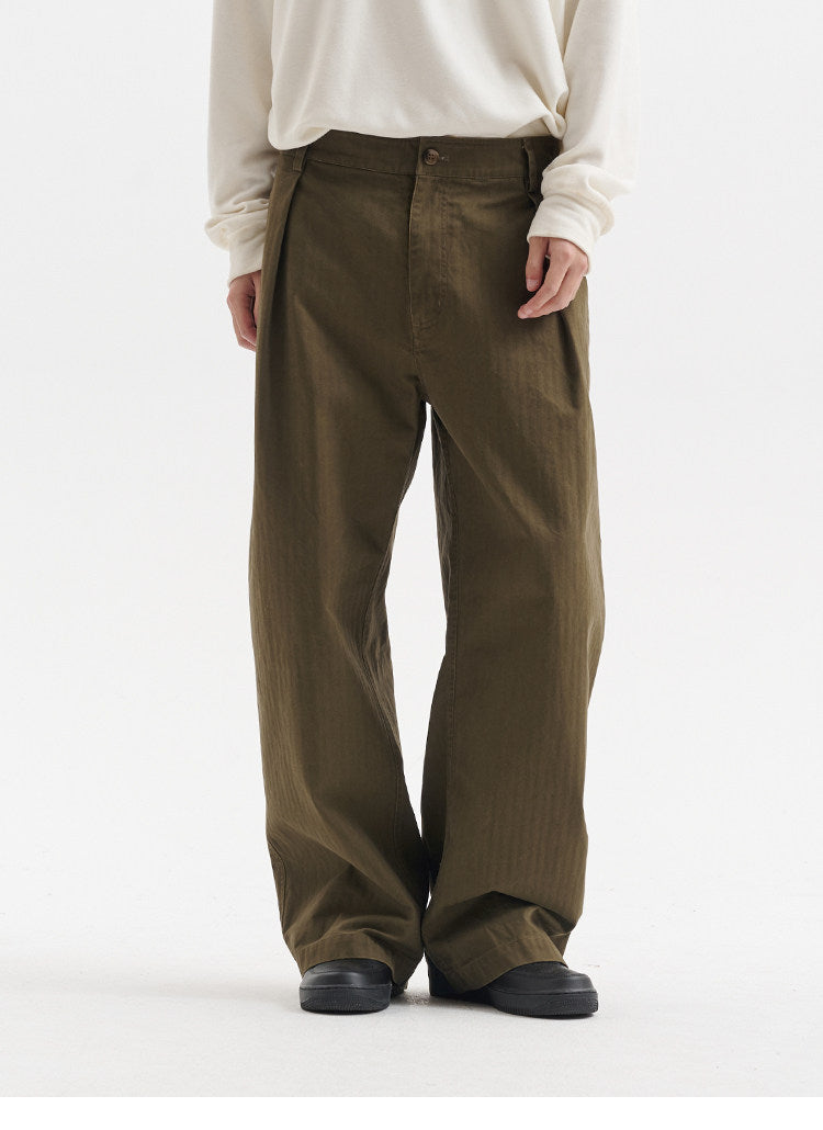 BUTTBILL Men's Enzyme-Washed Cotton Twill Pleated Straight Trousers059