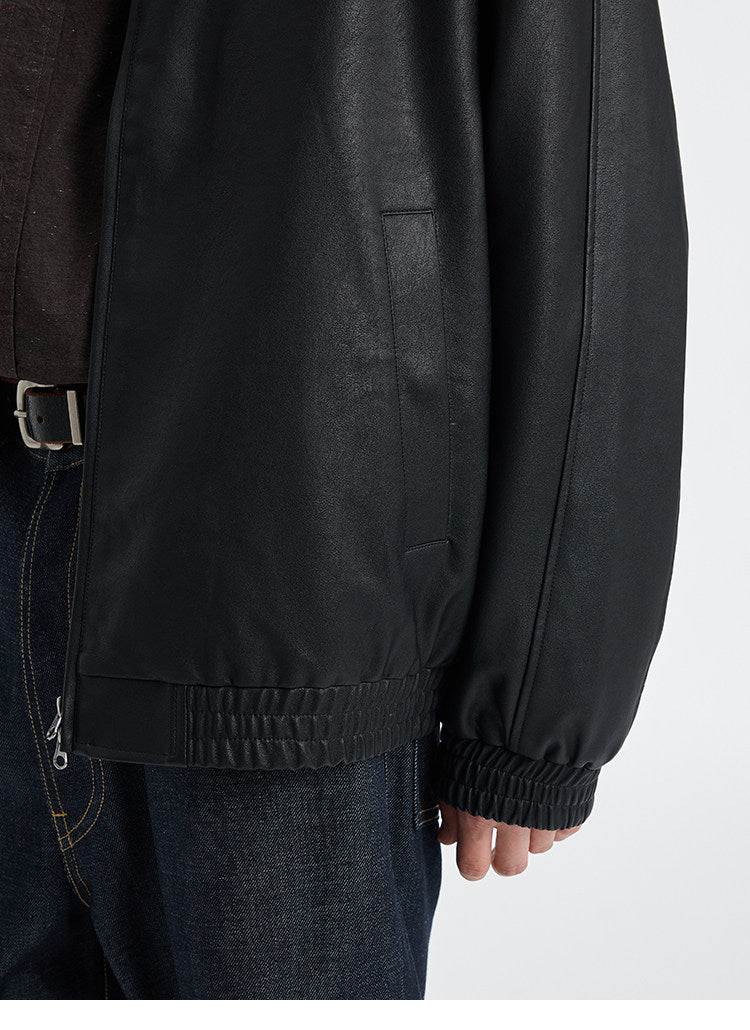 BUTTBILL SS26 Unisex Relaxed Faux Leather Stand Collar Jacket047