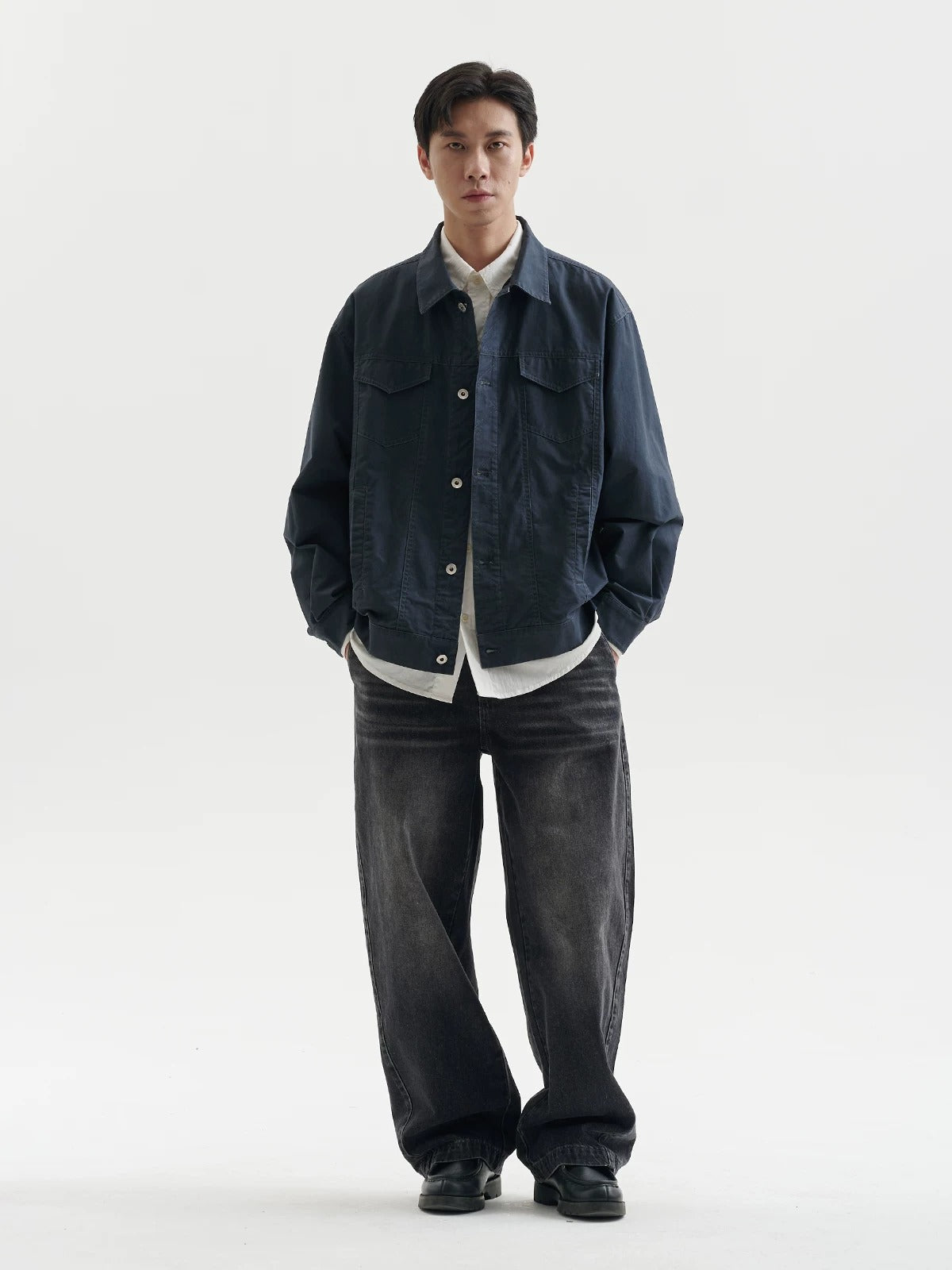 BUTTBILL Unisex Vintage Washed Collared Relaxed Jacket096