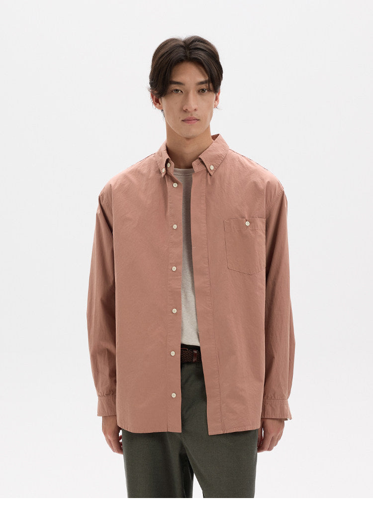 BUTTBILL Unisex High-Density Washed Cotton Concealed Placket Long-Sleeve Shirt021