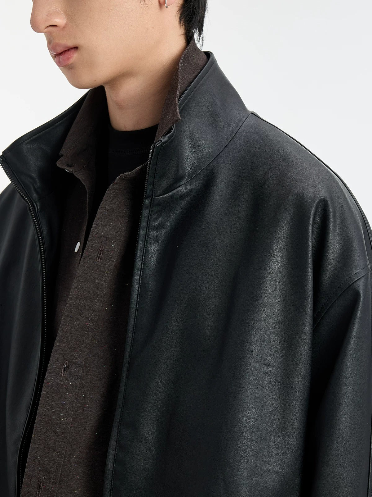 BUTTBILL SS26 Unisex Relaxed Faux Leather Stand Collar Jacket047