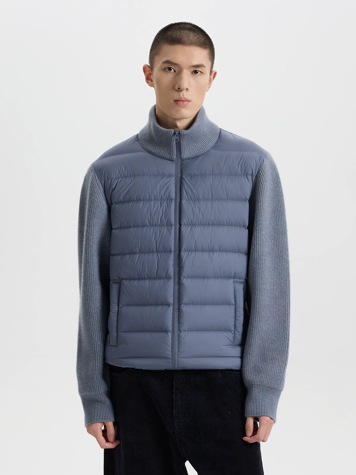 BUTTBILL Lightweight 90% White Duck Down Puffer Jacket – Knit Panel Quilted Stand Collar Jacket with Relaxed Fit#122